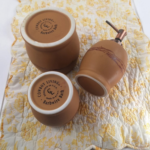 Country Living Barbwire Bath Set Rinse Cup Cotton/QTip Container Soap Pump Brown - Picture 11 of 13